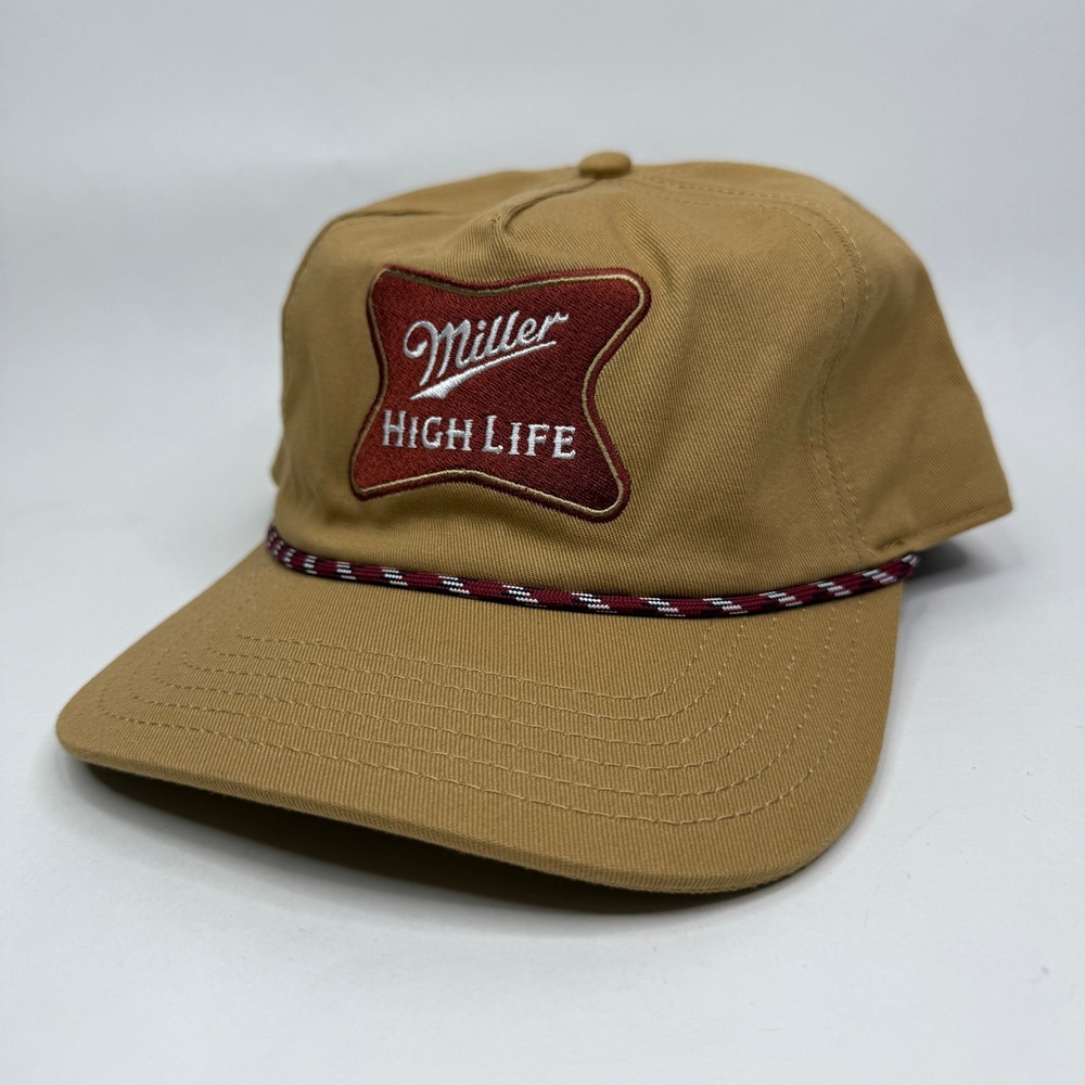 Miller High Life Rope Hat Mens OSFM Tan Brown Snapback Trucker Cap Mad Engine
